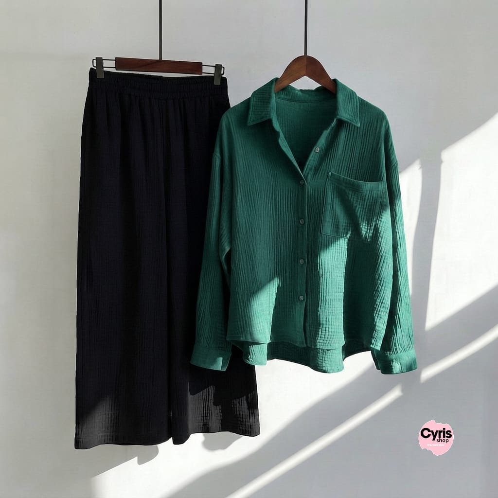 Emerald Green Button-Down Shirt & Black Trousers Set