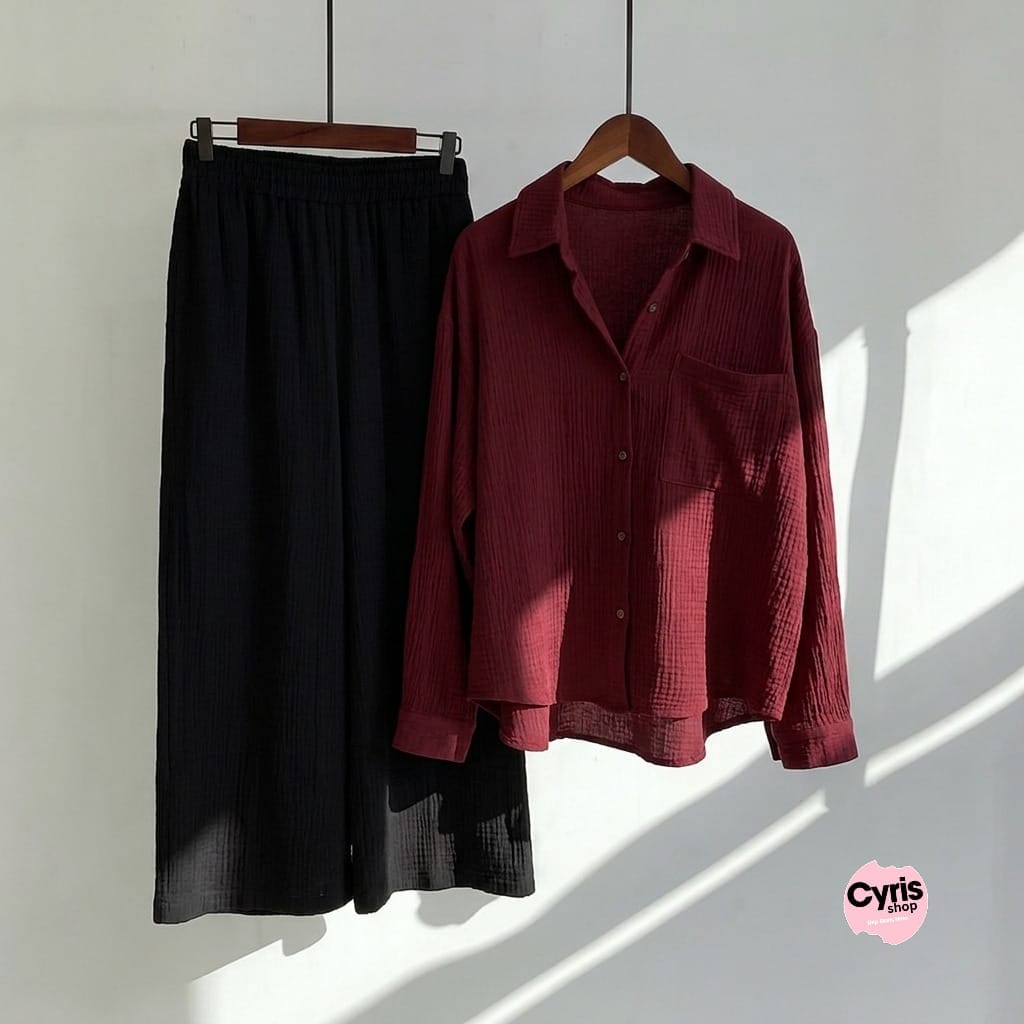 Burgundy Button-Down Shirt & Black Trousers Set