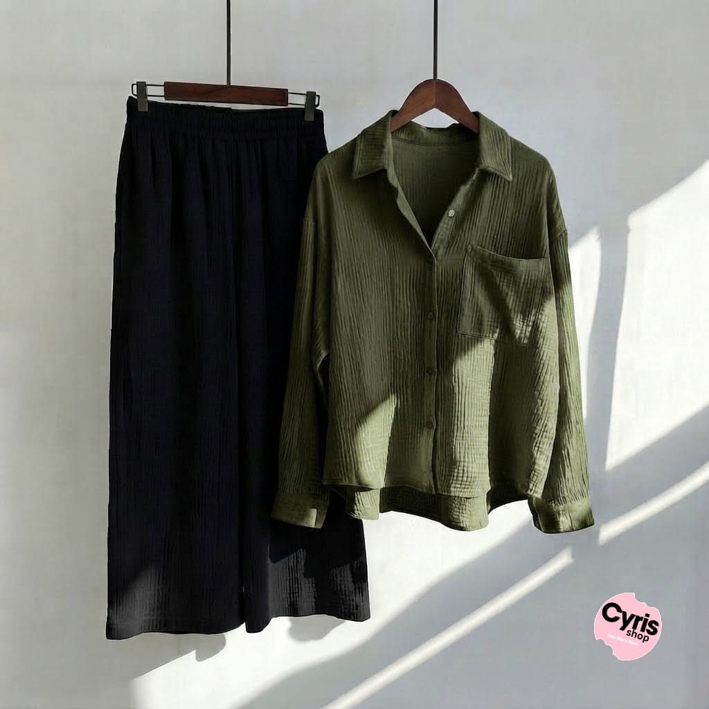 Olive Green Button-Down Shirt & Black Trousers Set