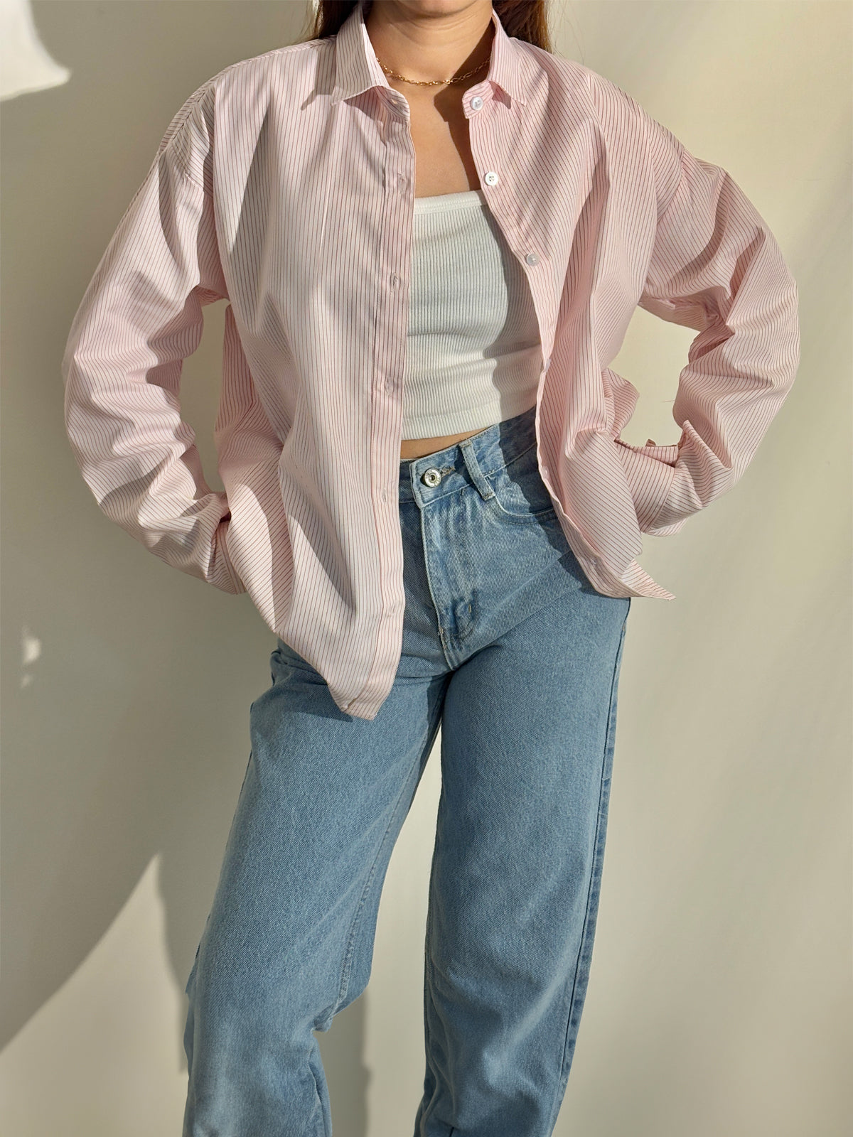 CYRIS Pink Striped Shirt & Crop Top with Denim