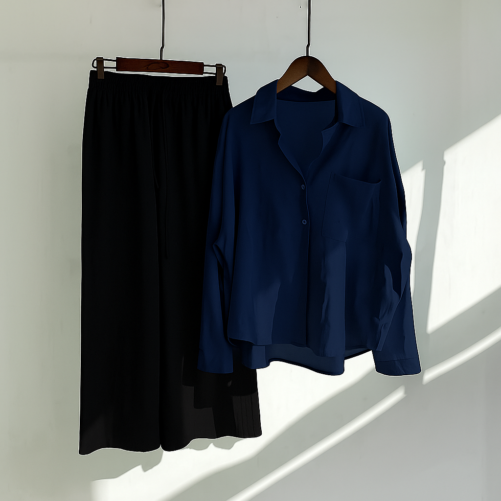 Navy Blue Button-Down Shirt & Black Trousers Set