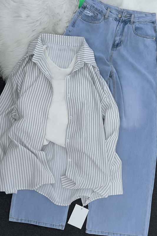 CYRIS Black Striped Shirt & Crop Top with Denim – 3-Piece Set