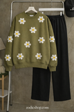 Mehndi Green Daisy Sweatshirt & Trouser Combo