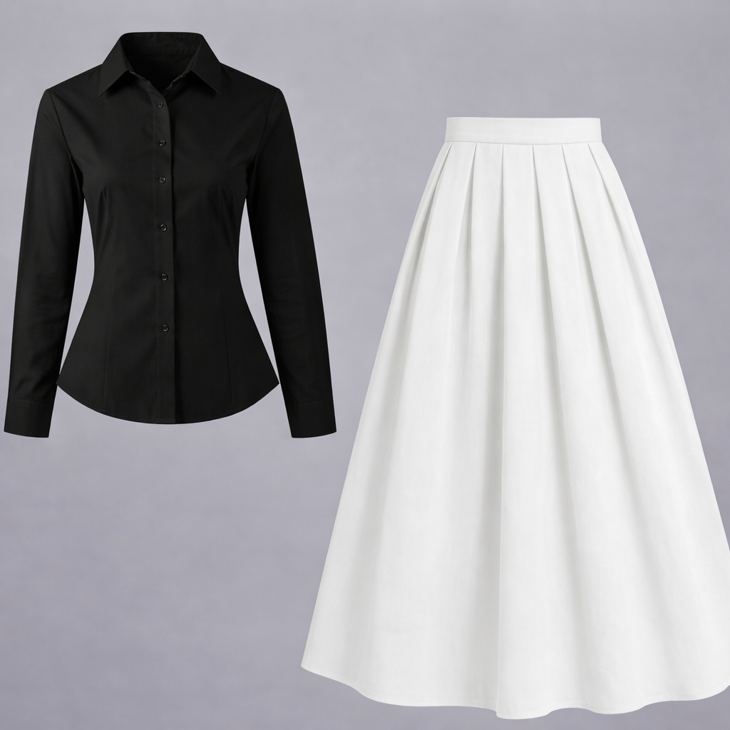 Black Button-Down Shirt with White Pleated Maxi Skirt – Elegant Two-Piece Set