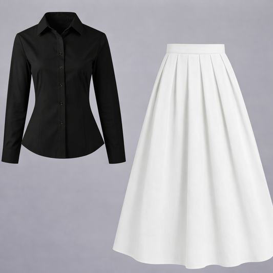 Black Button-Down Shirt with White Pleated Maxi Skirt – Elegant Two-Piece Set