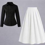 Black Button-Down Shirt with White Pleated Maxi Skirt – Elegant Two-Piece Set