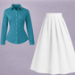 Button-Down Shirt & Pleated Maxi Skirt Set – Teal Green & white