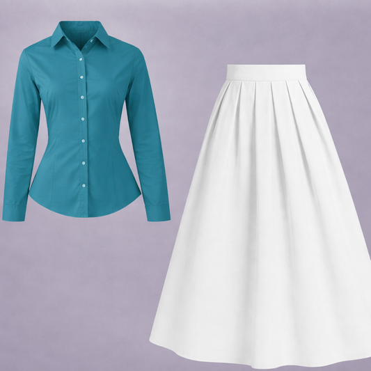 Button-Down Shirt & Pleated Maxi Skirt Set – Teal Green & white