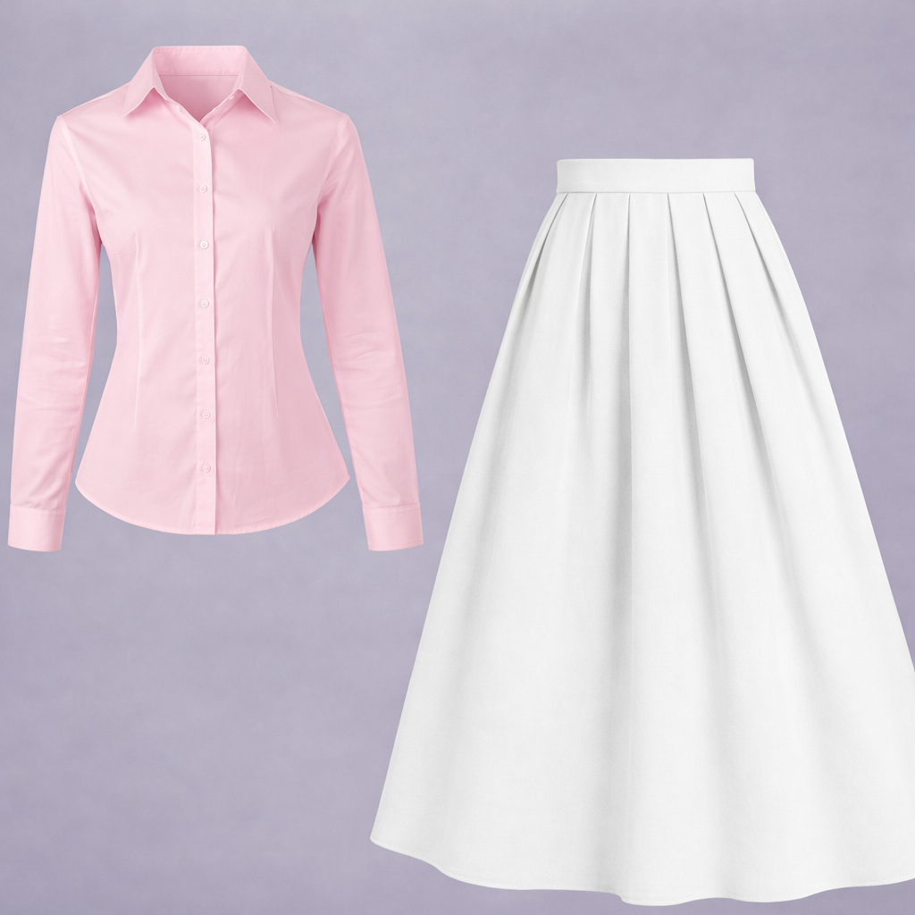 Button-Down Shirt & Pleated Maxi Skirt Set – pink & white