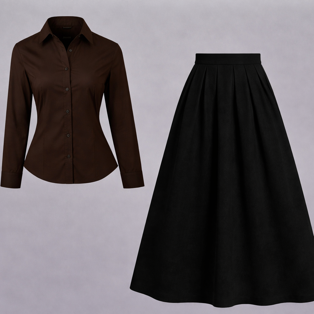 Chocolate Brown Button-Down Shirt & Black Flared Maxi Skirt – Classic Formal Co-Ord