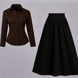 Chocolate Brown Button-Down Shirt & Black Flared Maxi Skirt – Classic Formal Co-Ord
