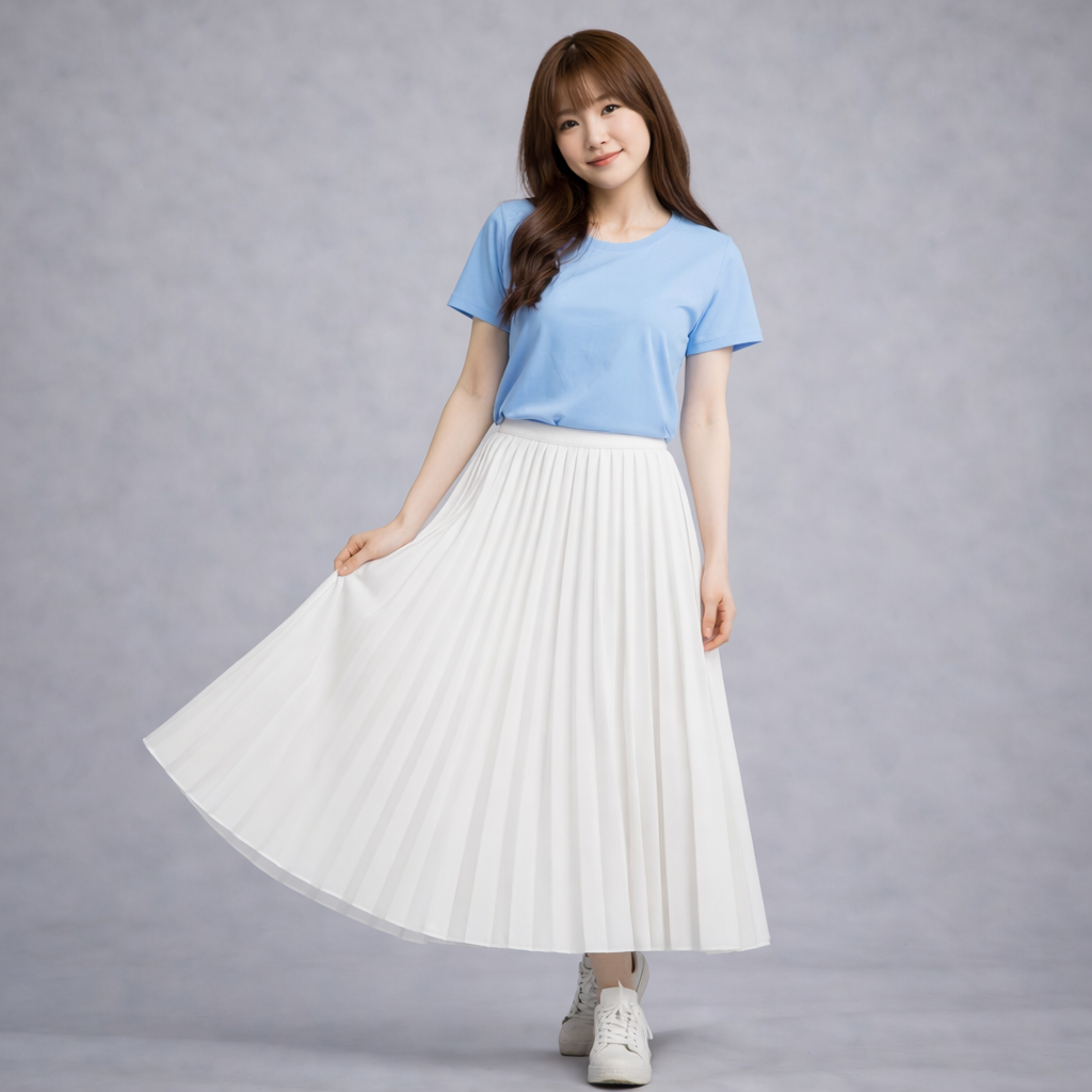 Sky Blue Tshirt with White Pleated Maxi Skirt