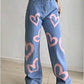 Peach Heart Print Wide-Leg jeans