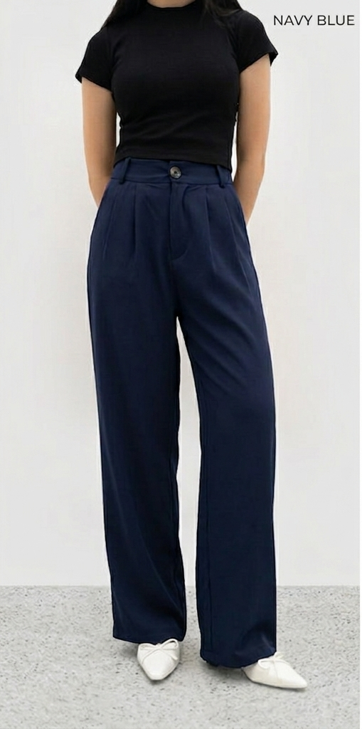 Navy Blue Wide-Leg Formal Pants – Smart Tailored Fit