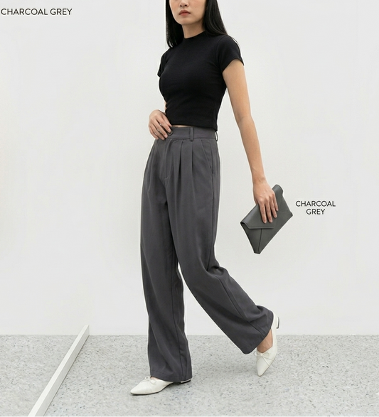 Charcoal Grey Wide-Leg Office Pants – Structured Elegant Style