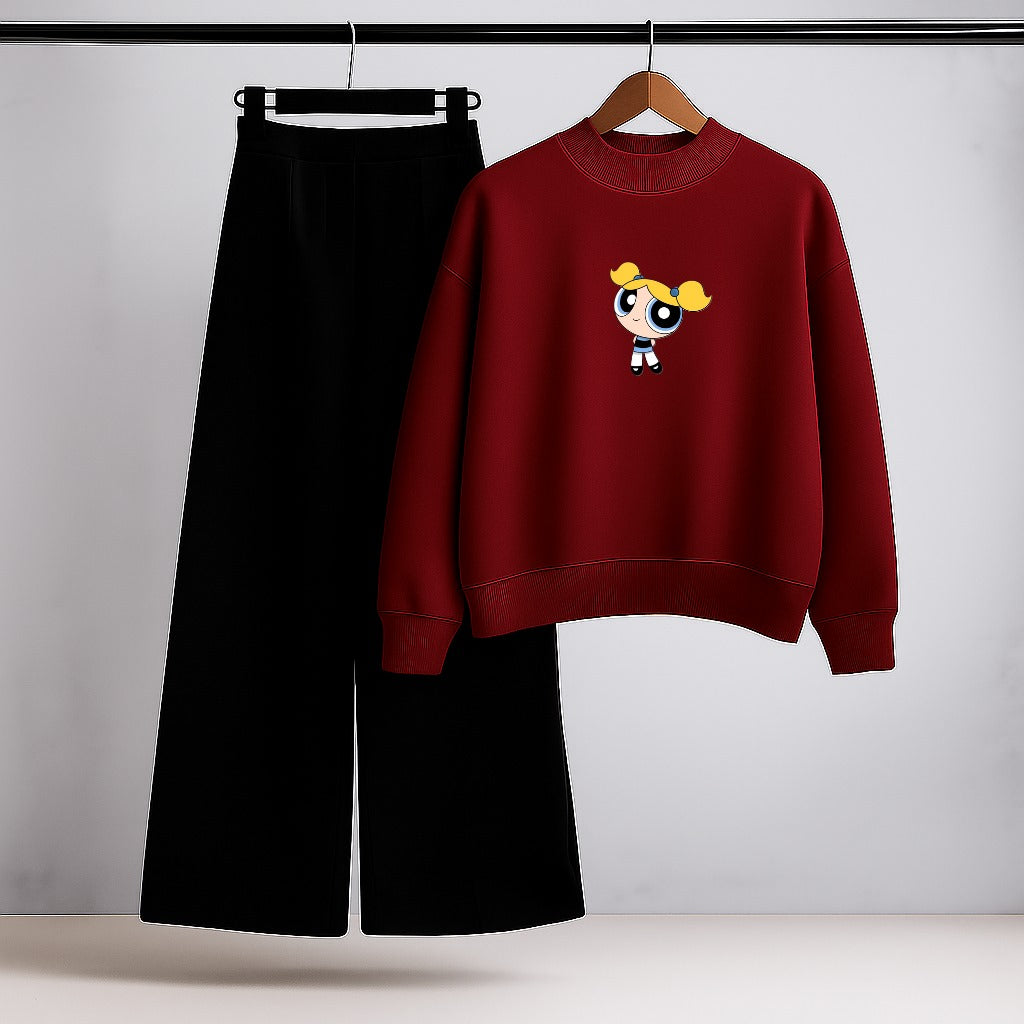 Cartoon Girl Graphic Red Sweatshirt & Black Wide-Leg Trouser Set