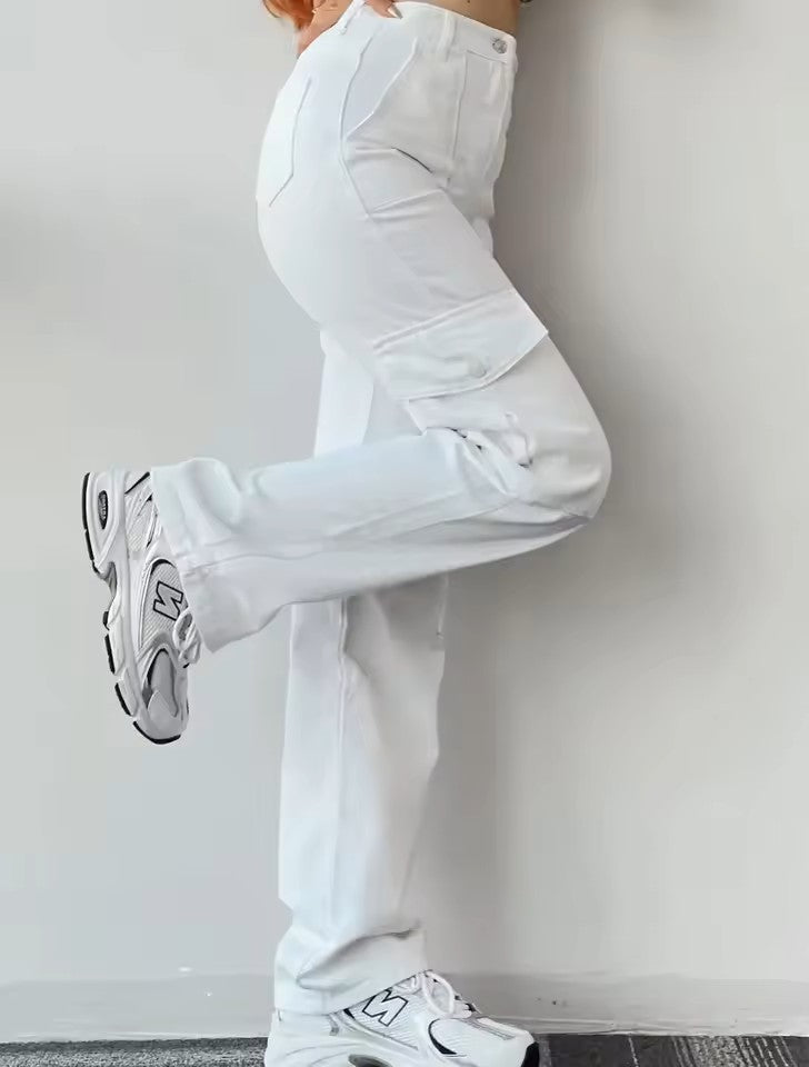 White High Waist Cargo Jeans