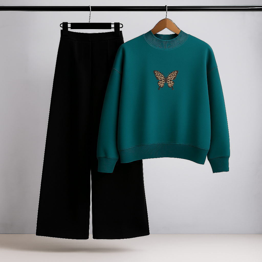 Golden Butterfly Teal Sweatshirt & Black Trouser Set