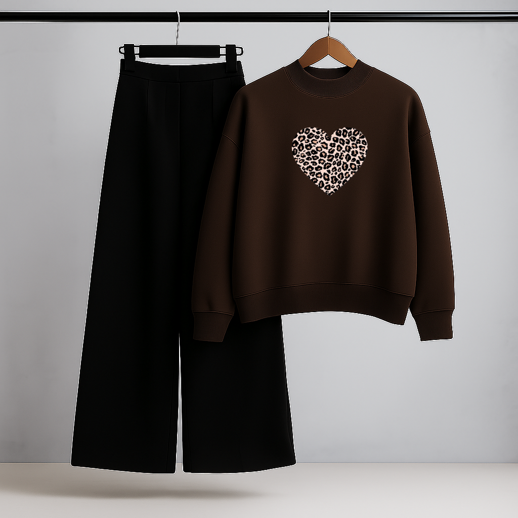 A Brown Leopard Heart  Sweatshirt & Trouser Set