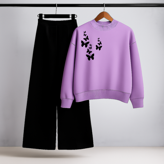 Butterfly Cluster Lilac Sweatshirt & Black Trouser Set