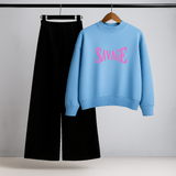 Savage Print Sky Blue Sweatshirt & Black Trouser Set