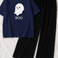 Boo Ghost Tee Set – Navy Cartoon Print + Jet Black Bottoms