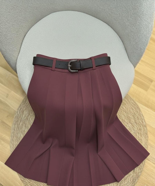 Wine Maroon High-Waist Pleated Skirt