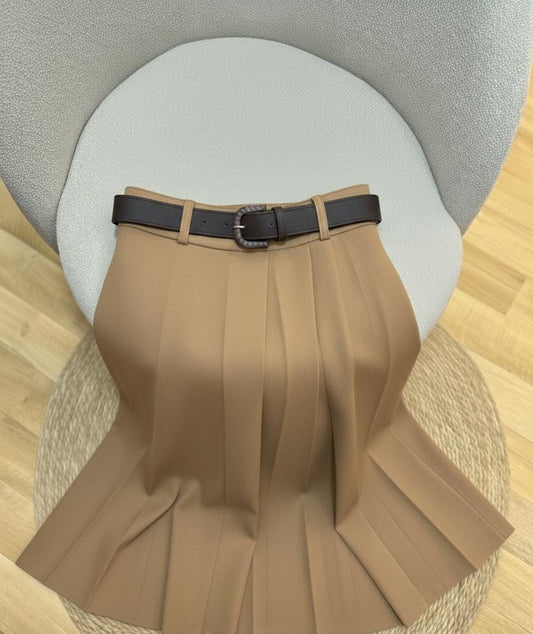 Camel Beige High-Waist Pleated Maxi Skirt