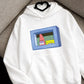 Pastel Cartoon Frame Graphic Hoodie – White Trendy Sweatshirt