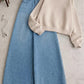 Beige Sweatshirt with Wide-Leg Blue Denim Pants – Casual Winter Co-Ord Set