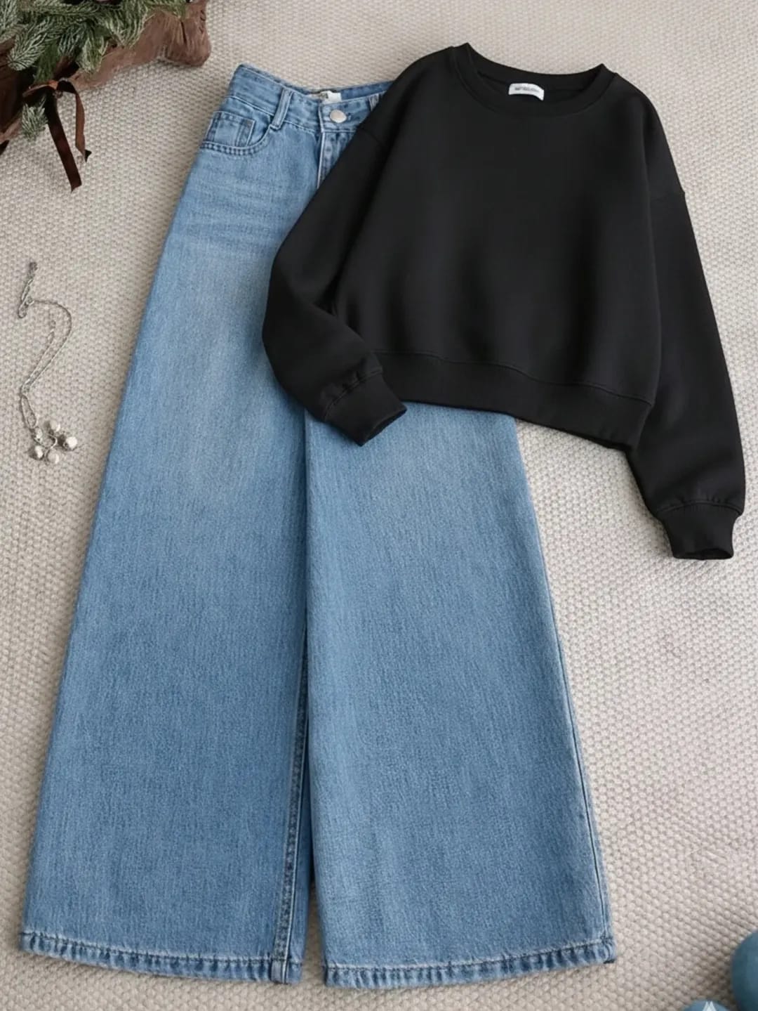 Black Sweatshirt & Wide-Leg Denim Jeans – Minimal Streetwear Combo