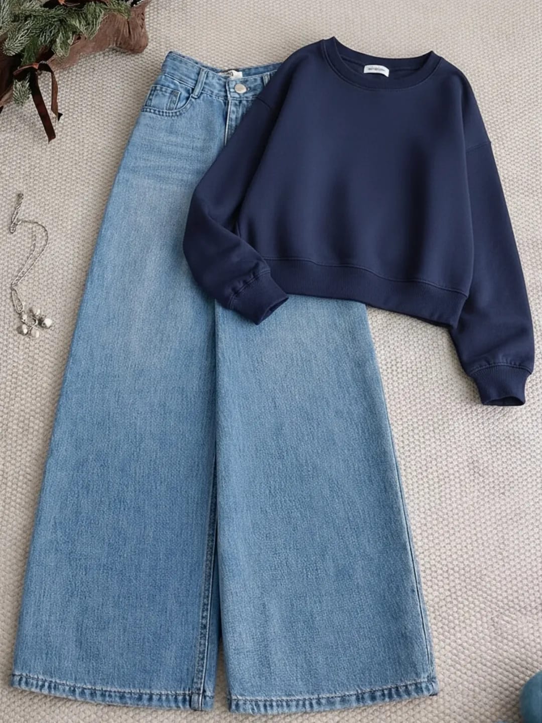 Navy Blue Sweatshirt & Wide-Leg Denim Pants – Everyday Comfort Outfit