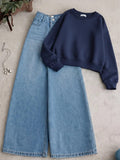 Navy Blue Sweatshirt & Wide-Leg Denim Pants – Everyday Comfort Outfit
