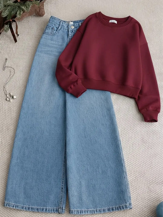 Maroon Sweatshirt with Blue Wide-Leg Jeans – Trendy Casual Co-Ord Set