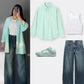 Mint Green Button-Down Shirt, White Crop Top & Blue Wide-Leg Pants – Fresh Casual Co-Ord Outfit