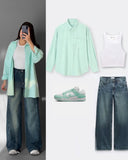 Mint Green Button-Down Shirt, White Crop Top & Blue Wide-Leg Pants – Fresh Casual Co-Ord Outfit