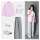 Pink Button-Down Shirt, White Crop Top & Grey Wide-Leg Pants – Soft Chic Co-Ord Set