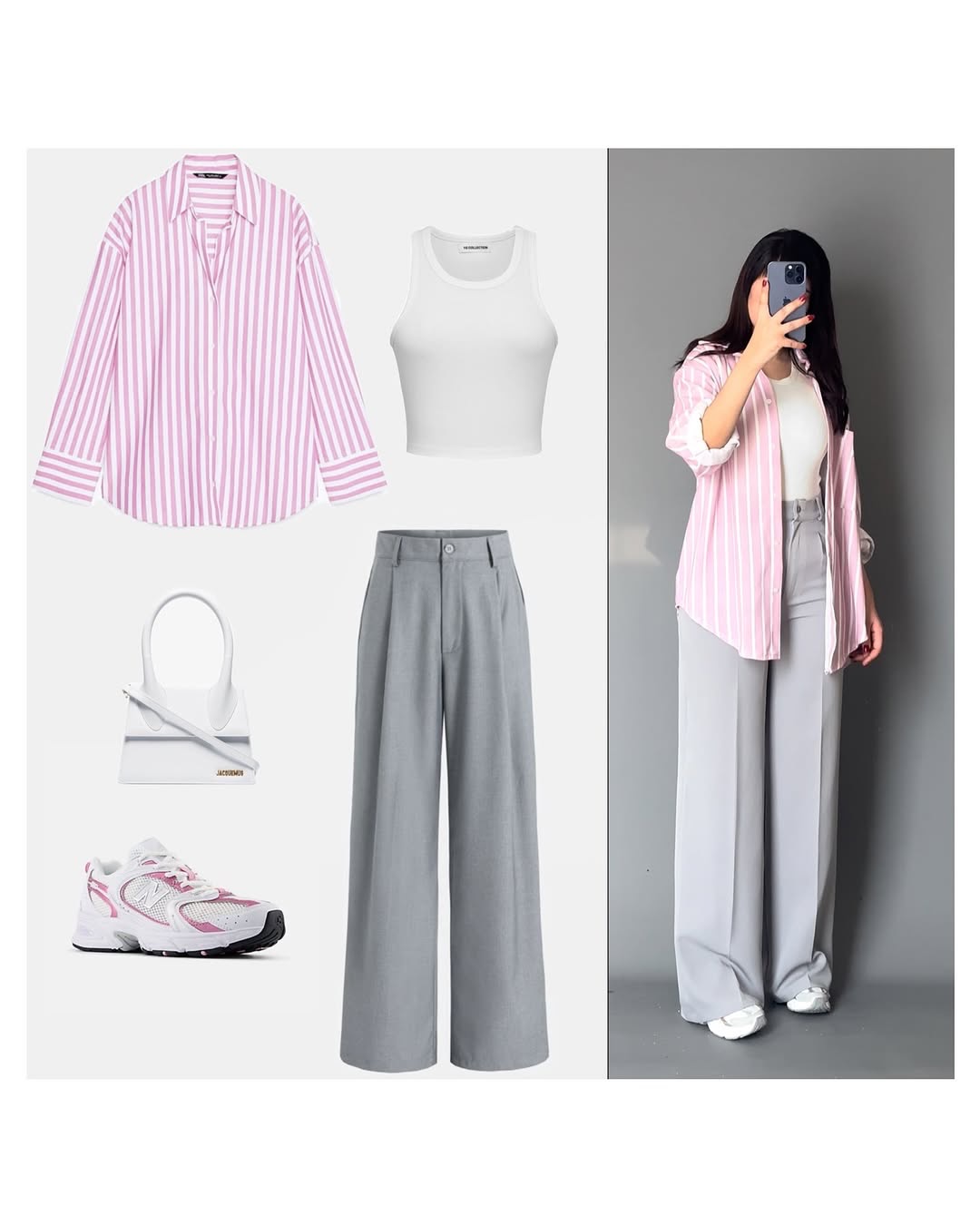 Pink Button-Down Shirt, White Crop Top & Grey Wide-Leg Pants – Soft Chic Co-Ord Set