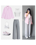 Pink Button-Down Shirt, White Crop Top & Grey Wide-Leg Pants – Soft Chic Co-Ord Set