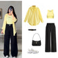 Yellow Button-Down Shirt, White Crop Top & Black Wide-Leg Pants – Trendy Summer Co-Ord Set