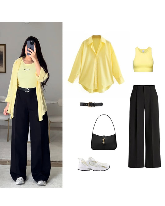 Yellow Button-Down Shirt, White Crop Top & Black Wide-Leg Pants – Trendy Summer Co-Ord Set