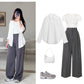 White Button-Down Shirt, White Crop Top & Grey Wide-Leg Pants – Clean Minimal Co-Ord Outfit