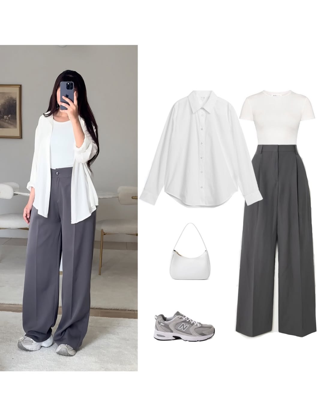 White Button-Down Shirt, White Crop Top & Grey Wide-Leg Pants – Clean Minimal Co-Ord Outfit