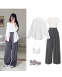 White Button-Down Shirt, White Crop Top & Grey Wide-Leg Pants – Clean Minimal Co-Ord Outfit