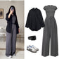 Black Button-Down Shirt with Grey Crop Top & Wide-Leg Pants – Modern Chic 3-Piece Set