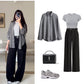 Grey Button-Down Shirt with Black Crop Top & Wide-Leg Pants – Minimal Streetwear 3-Piece Outfit