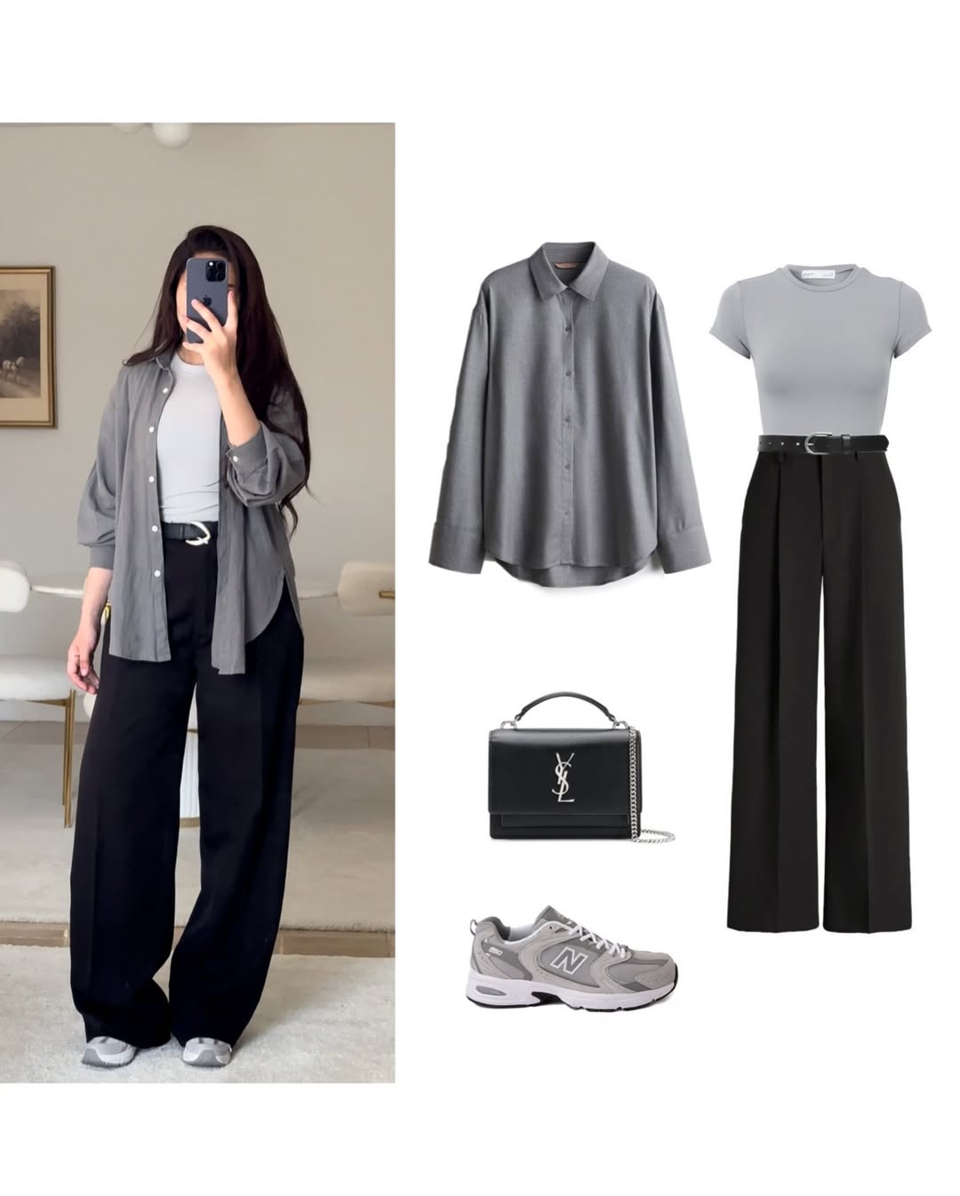 Grey Button-Down Shirt with Black Crop Top & Wide-Leg Pants – Minimal Streetwear 3-Piece Outfit