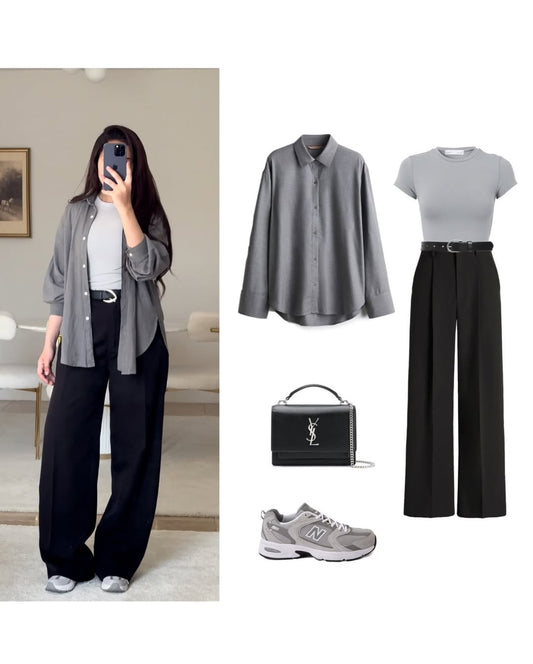 Grey Button-Down Shirt with Black Crop Top & Wide-Leg Pants – Minimal Streetwear 3-Piece Outfit