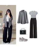 Grey Button-Down Shirt with Black Crop Top & Wide-Leg Pants – Minimal Streetwear 3-Piece Outfit