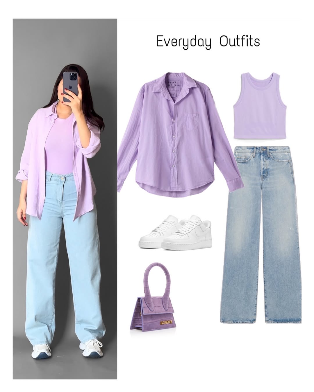 Lavender Button-Down Shirt, White Crop Top & Blue Wide-Leg Pants – Casual 3-Piece Co-Ord Set